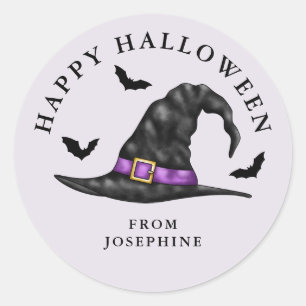 Sticker Rond Chapeau De Sorcière Et Chauves-Souris Lilas Joyeux
