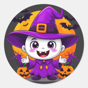 Sticker Rond Chapeau de Sorcière Fantôme de Dessin Animé Mignon