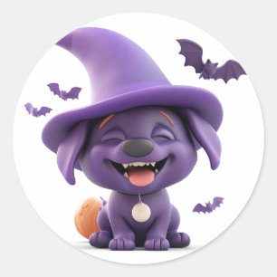 Sticker Rond Chapeau de Sorcière Joyeux Chien Halloween Style M