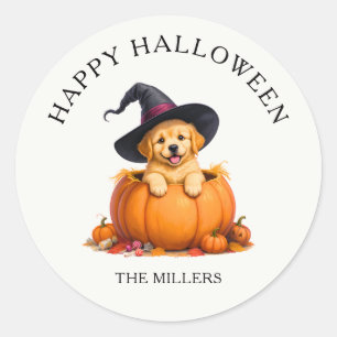 Sticker Rond Chapeau de sorcière Mignon chiot Citrouille Hallow