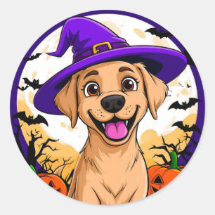 Sticker Rond Chapeau de Sorcière pour Chien, Labrador chiot, Dé