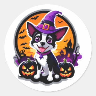 Sticker Rond Chapeau de Sorcière pour Chiots Mignons Halloween