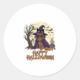 Sticker Rond Chapeau de sorcière Pug joyeux Halloween Chaudron