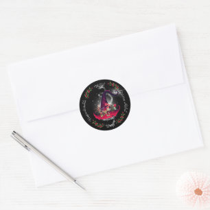 Sticker Rond Chapeau de sorcière rouge floral vintage pailleté