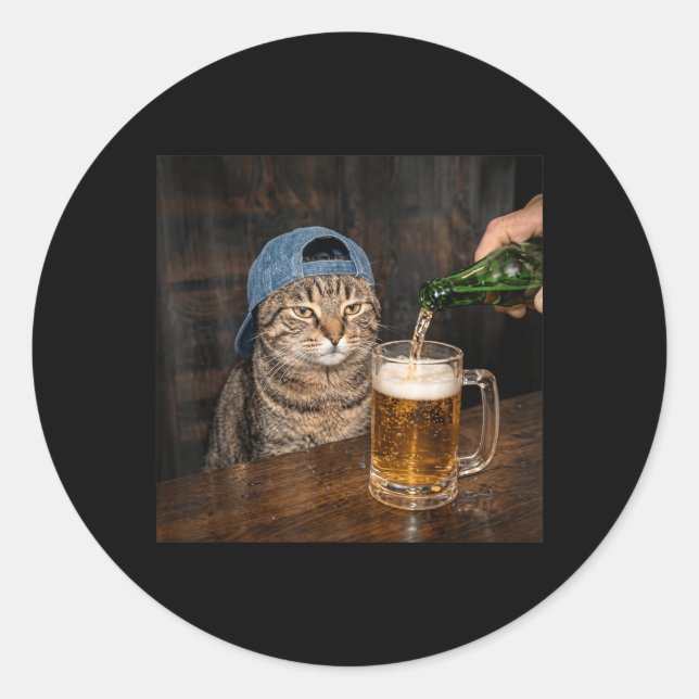 Sticker Rond Chapeau graphique chat drôle buvant de la bière im (Devant)