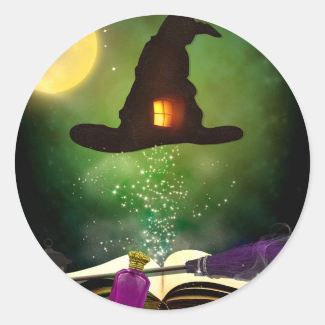 Sticker Rond Chapeau Magique & Livre de Sorts Magiques Fête Amu (Devant)
