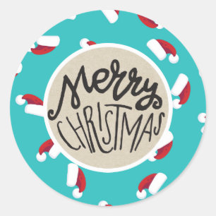 Sticker Rond Chapeaux de Père Noël Bleu Joyeux Noël Vacances Fa