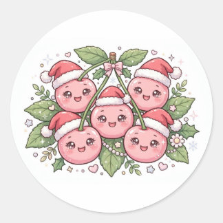 Sticker Rond Chapeaux de Père Noël en cerise rose Kawaii Autoco