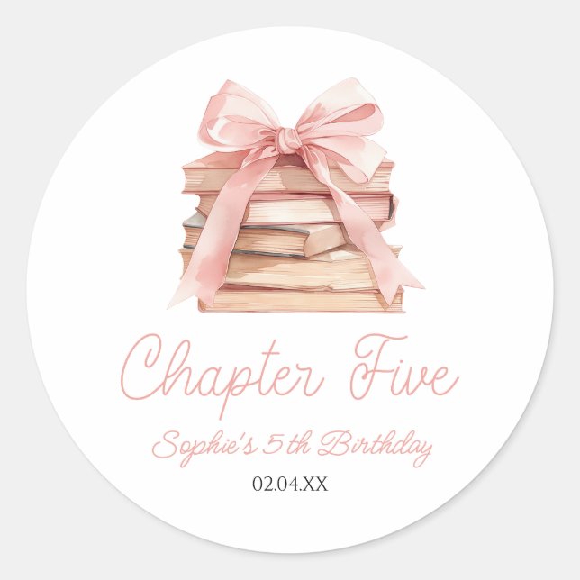 Sticker Rond Chapter Five Pink Bow Books 5th Birthday Party (Devant)