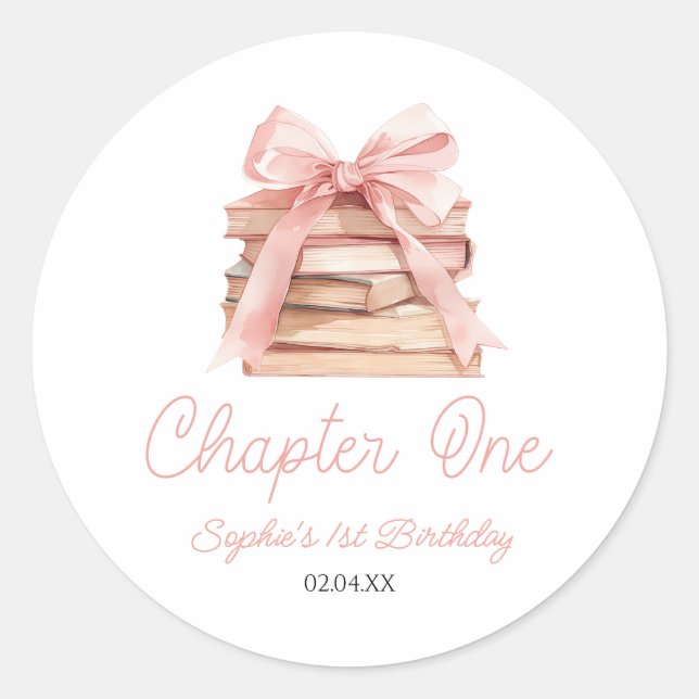 Sticker Rond Chapter One Pink Bow Books 1st Birthday Party (Devant)