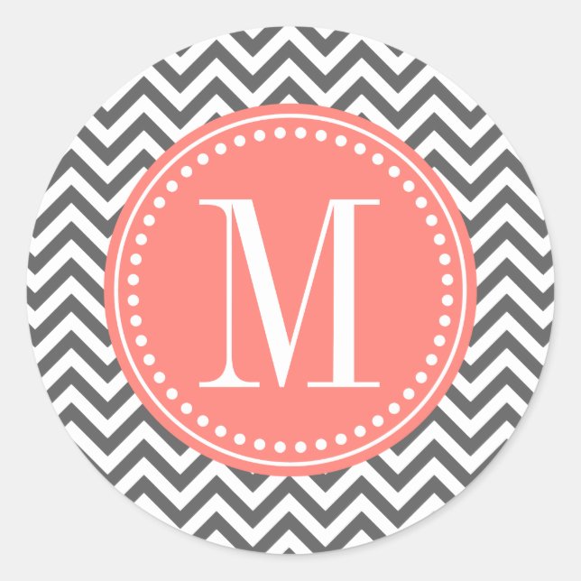 Sticker Rond Charcoal Grey Chevron Zigzag Personnalisé Monogram (Devant)