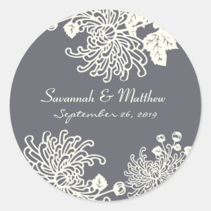 Sticker Rond Charcoal Grey Floral moderne Mariage Coeur phoque