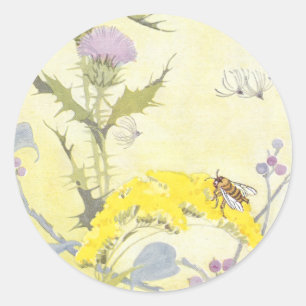 Sticker Rond Chardon et abeille sur Goldenrod