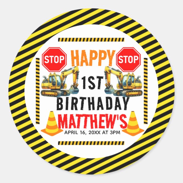 Sticker Rond Chariot de construction 1ère fête d'anniversaire (Devant)