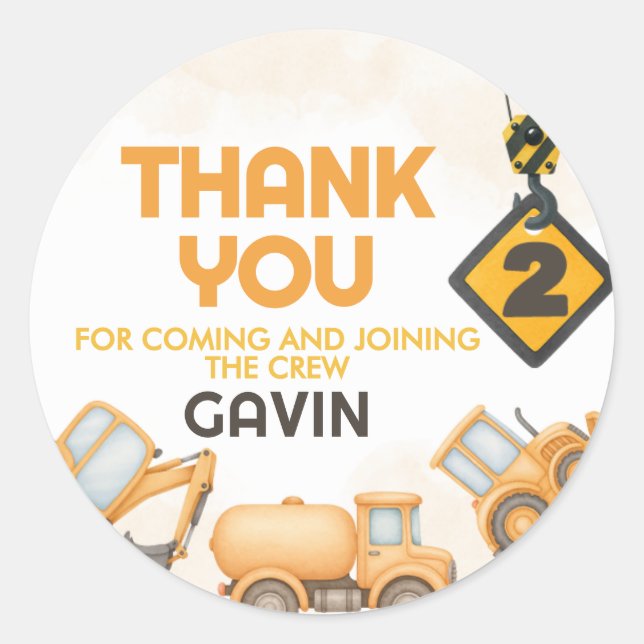 Sticker Rond Chariot de construction 2e fête d'anniversaire (Devant)