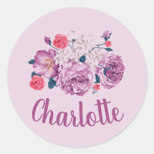 Sticker Rond Charlotte Nom Floral Fleur Rose Vintage Personnali