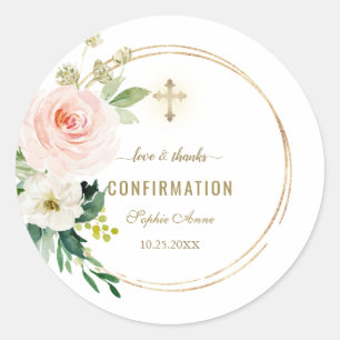 Sticker Rond Charm Rose Blush Floral Gold Cross Confirmation