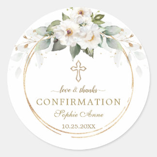Sticker Rond Charm Wild White Roses Gold Cross Confirmation