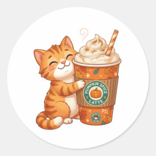 Sticker Rond Charmant Chat au Latte Épicé de Citrouille Automne