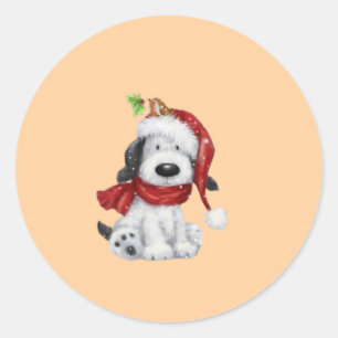 Sticker Rond Charmant chien de Noël avec chapeau de Père Noël &