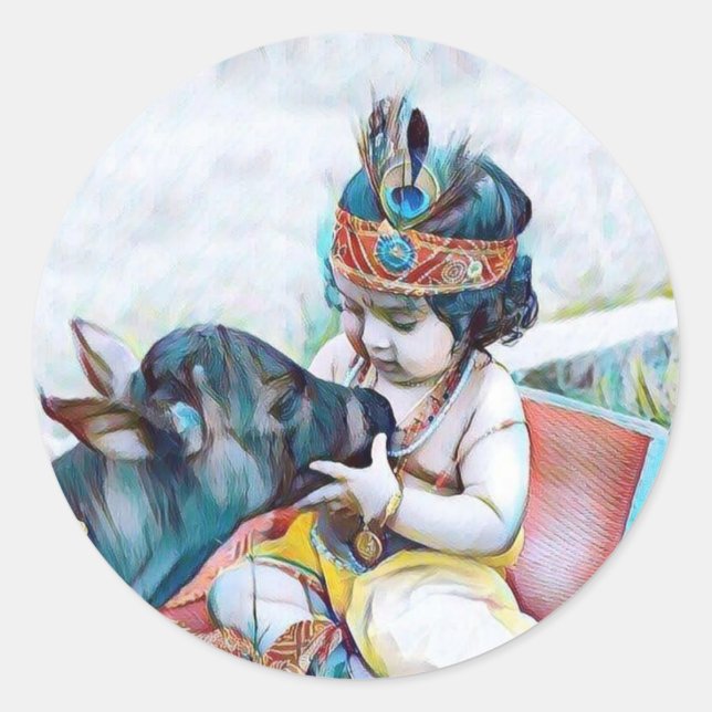Sticker Rond charmant lord krishna avec la vache classique coll (Devant)