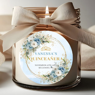 Sticker Rond Charmant Quinceañera poussiéreux bleu or verdure 