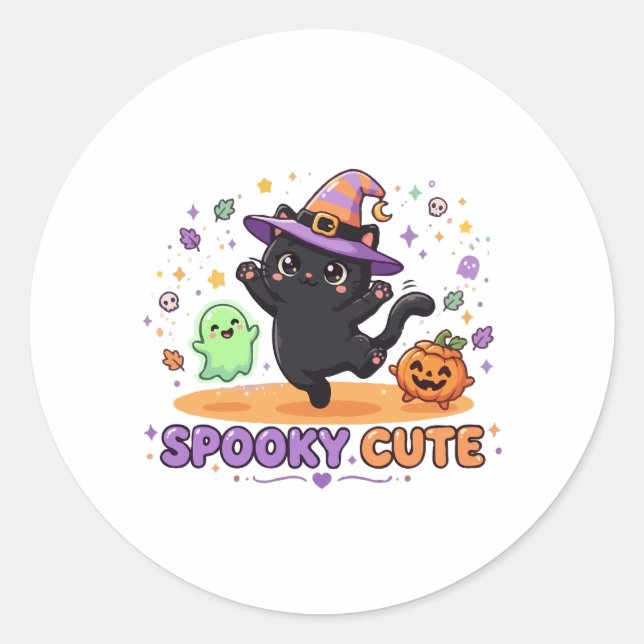 Sticker Rond Charmante Sorcière Chat Noir Halloween (Devant)