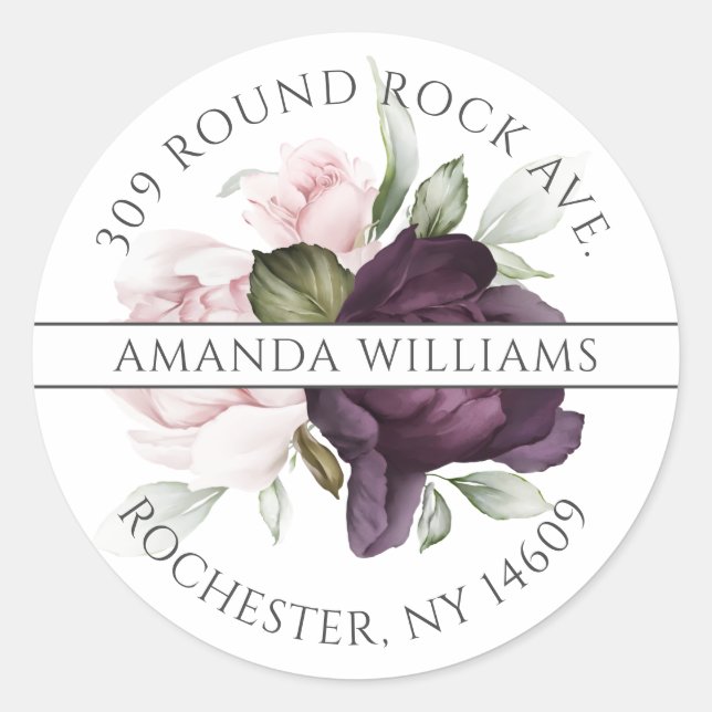 Sticker Rond Charme botanique rose et prune Adresse de retour (Devant)