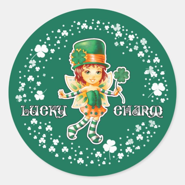 Sticker Rond Charme chanceux. Fairy Irish Girl St.Patrick's Day (Devant)