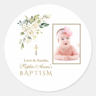 Sticker Rond Charme Fleurs Blanches Fille Photo Baptême