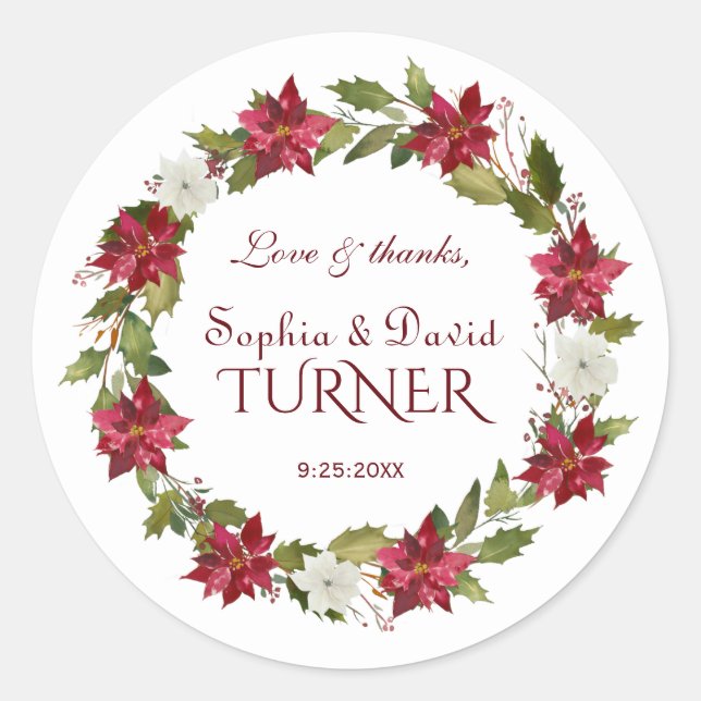 Sticker Rond Charme Noël Rouge Blanc Poinsettia Mariage (Devant)