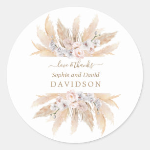 Sticker Rond Charme Roses Blanches Pampas Mariage en herbe