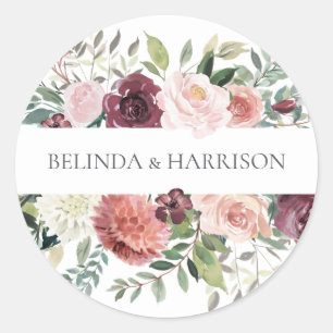Sticker Rond Charme rustique Bourgogne Blush rose Mariage Flora