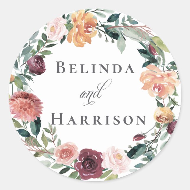 Sticker Rond Charme rustique Bourgogne Blush rose Mariage Flora (Devant)