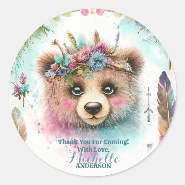 Sticker Rond Charming Boho Woodland Bear Aquarelle Anniversaire (Devant)