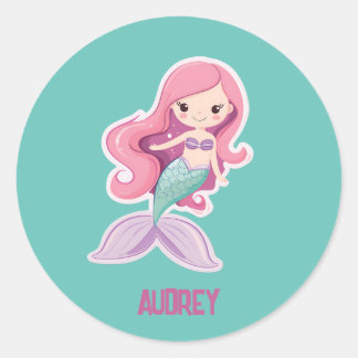 Sticker Rond Charming magret Pastel Mermaid avec nom enfant
