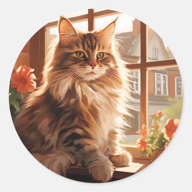 Sticker Rond Charming Maine Coon Chat (Devant)
