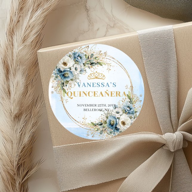 Sticker Rond Charming Pastel Blue Gold Eucalyptus Quinceañera  (Charming Pastel Blue Gold Eucalyptus Quinceañera Sticker

)