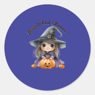 Sticker Rond Charming Witch Girl Halloween Décor avec Citrouill