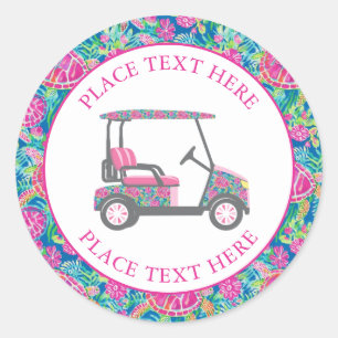 Sticker Rond Charrettes de golf de tortues de mer preppy