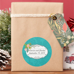 Sticker Rond Chartreuse moderne Turquoise Mariage damassé