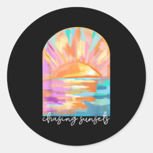 Sticker Rond Chasing Sunsets Summer Vacances Hawaii Beach Amusa