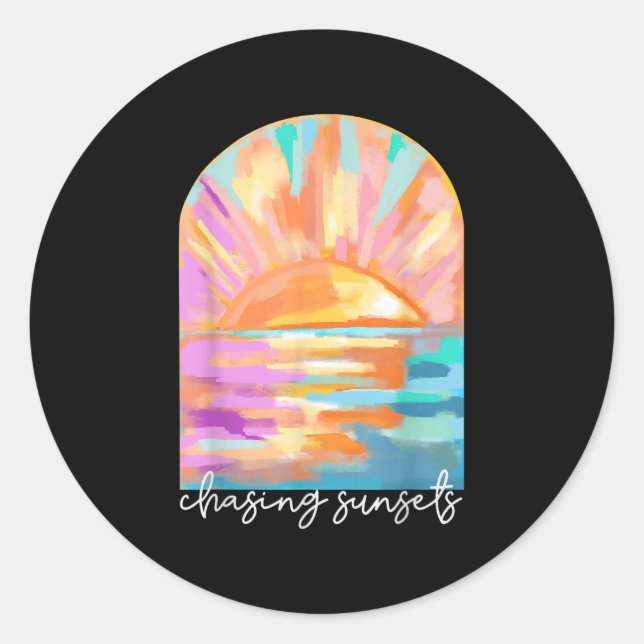 Sticker Rond Chasing Sunsets Summer Vacances Hawaii Beach Amusa (Devant)
