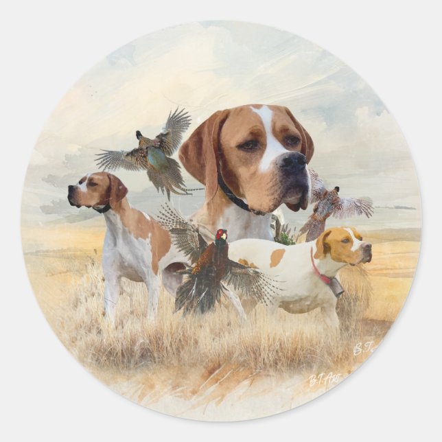 Sticker Rond Chasse au Faisan avec un Pointer Anglais (Devant)