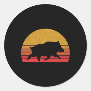 Sticker Rond Chasse au sanglier - Retro Sunset Wild Pigs Chasse