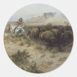 Sticker Rond Chasse aux bisons n° 26 par CM Russell, Indiens d'