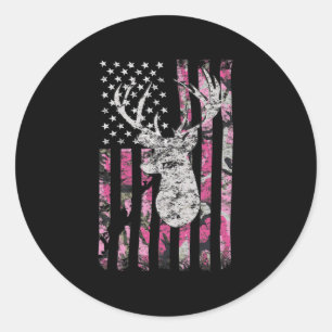 Sticker Rond Chasse aux cerfs Camo Drapeau américain Pink Buck