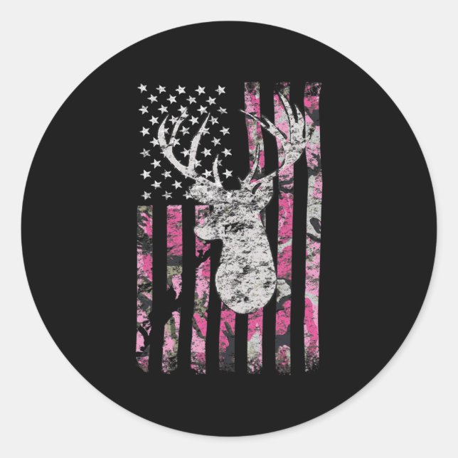 Sticker Rond Chasse aux cerfs Camo Drapeau américain Pink Buck (Devant)
