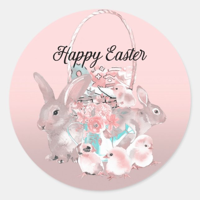 Sticker Rond Chasse aux œufs de Pâques bruns roses Fête d'anniv (Devant)
