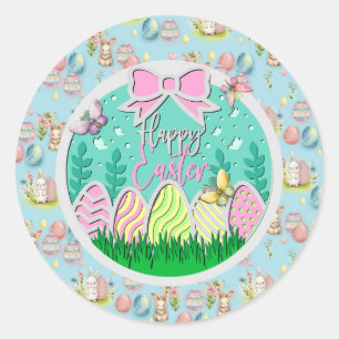 Sticker Rond Chasse aux œufs de Pâques mignonne et papillons co